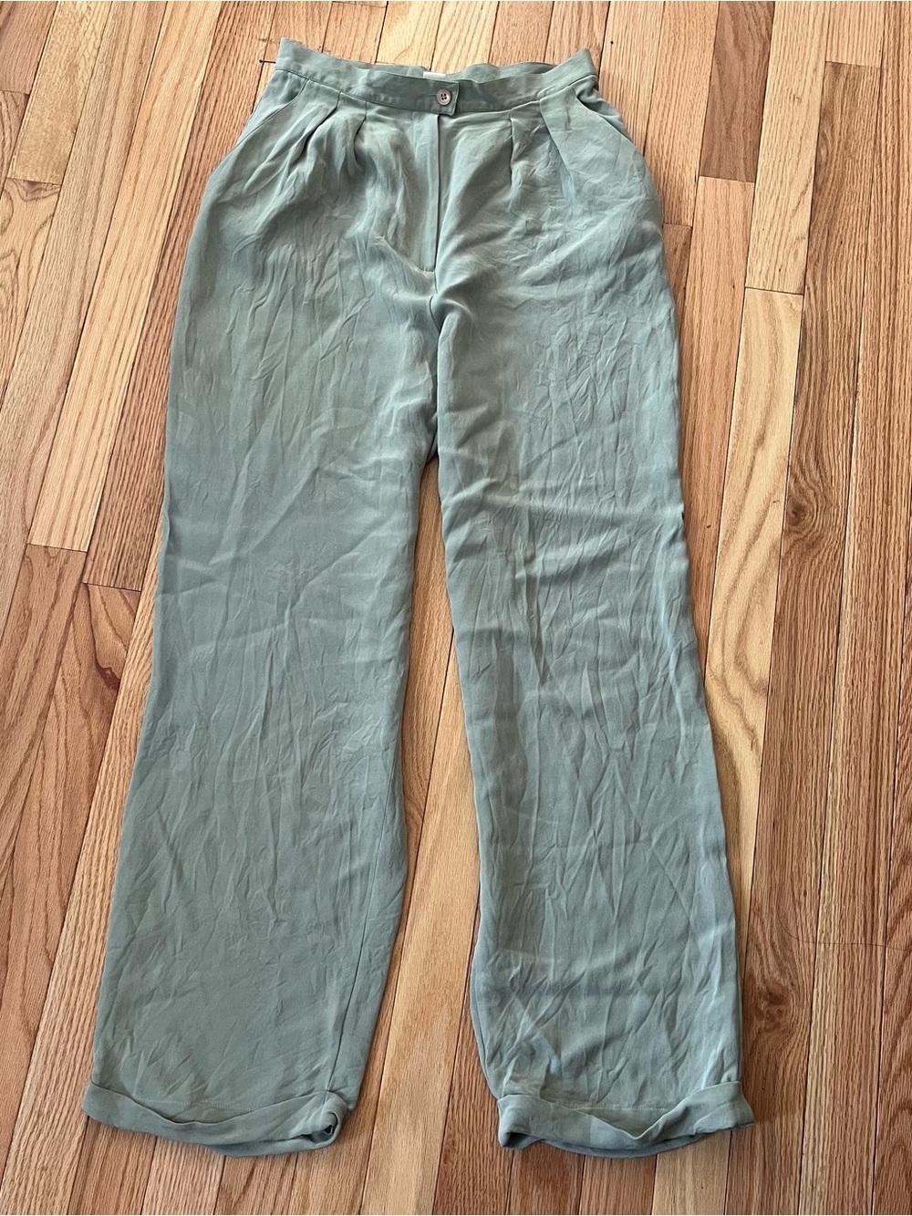 Vintage Jones New York 100% Silk Sage Green Wide Leg Trouser Pants 27 Old Money